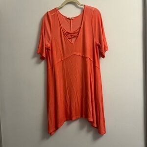 Easel Oversized Ribbed V-Neck T-shirt Sundress- Pink and Orange- Size S
